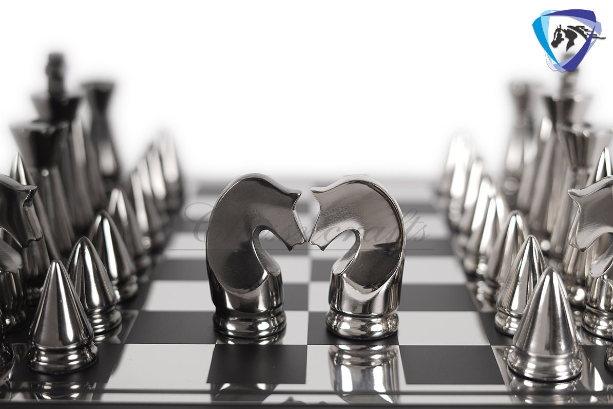 Luxury metal chess Board set Black-silver polish- chess Gift-Chess set for Home Decor - 14" Chess board set with Leatherette storage box