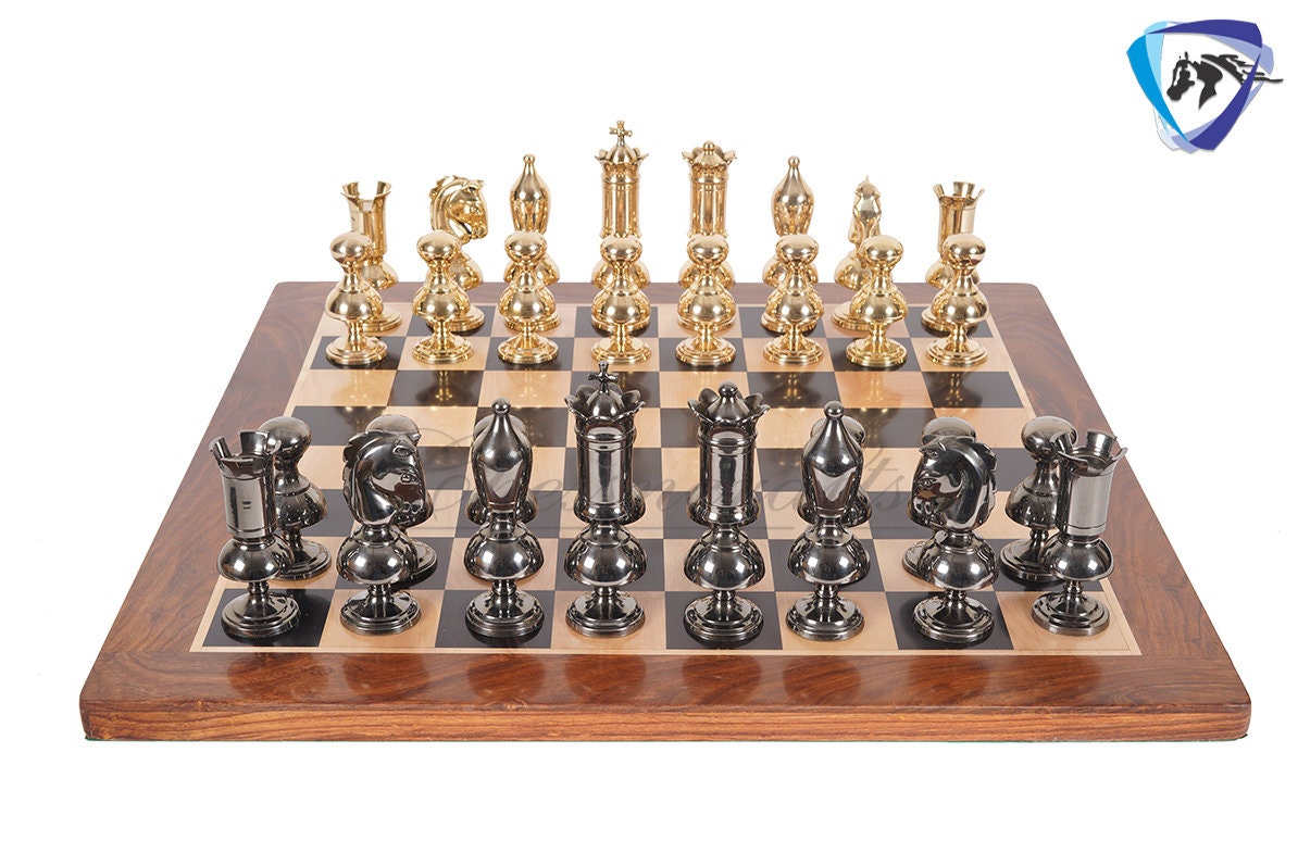 6" Brass Chess pieces set Big size Gold & black VICTORIAN series + 23" Ebonywood chess Board(sq: 60mm) + Leather Storage Box for chess men