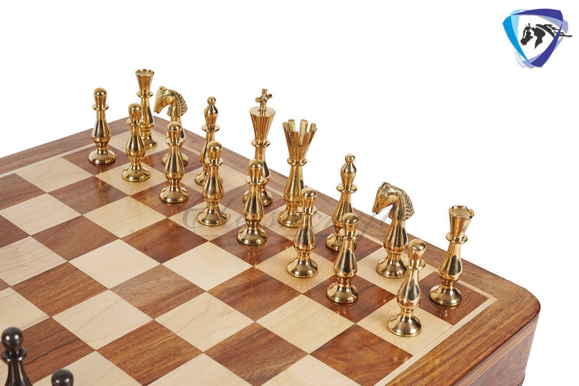 16" Brass Chess Board Set CLASSICAL Chess Pieces Black-gold and Rosewood Chess board with Storage drawer | Chess Gift /CHRISTMAS