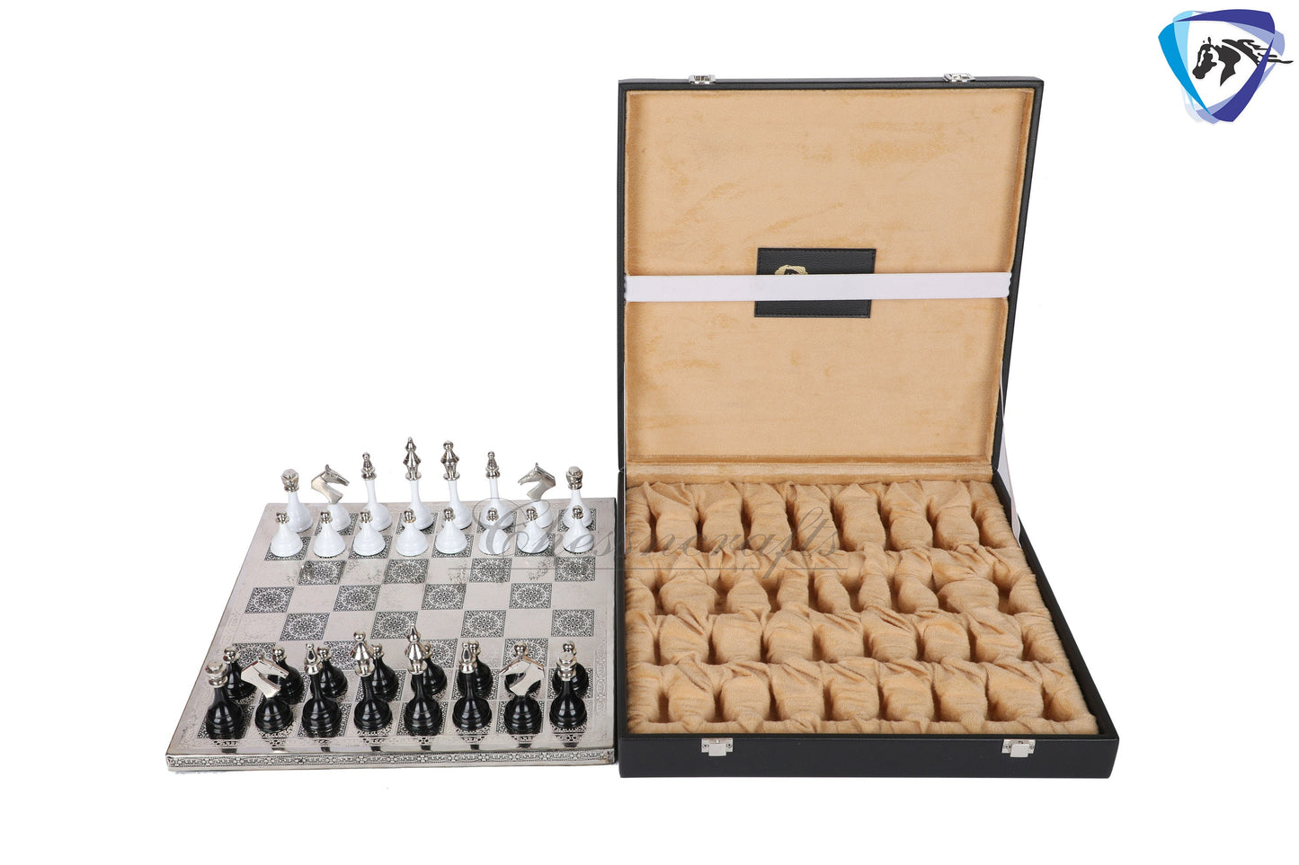 14" Brass Chess Board set- Modern Classic Hand carved- Soviet BLACK & WHITE EDITION chess pieces in velvet storage box - Chess Gift for Him