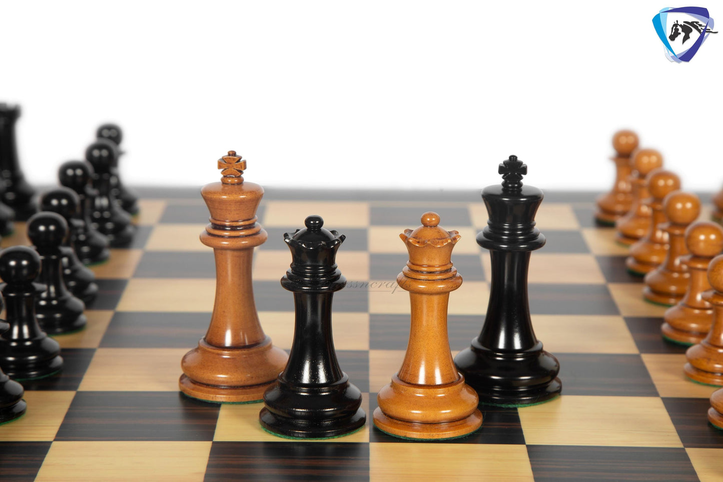 3.75" Staunton Chess Pieces Set 1849 Reproduced Antiqued Distressed & Ebony wood + 21" Ebony look chess board(sq 55mm) + Leather Storage box