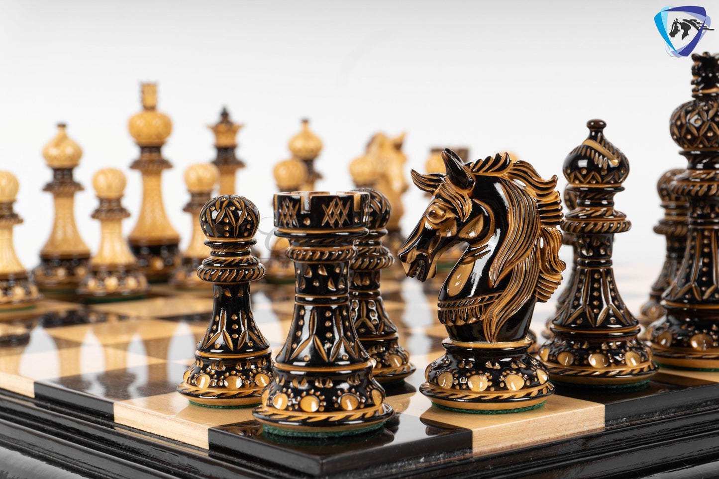 4.5" Luxury Staunton Chess pieces Set- Alexander CARVED series-Triple Weighted + 21"/ 23" Ebonywood Chess Board-STEP DESIGN + Storage Box