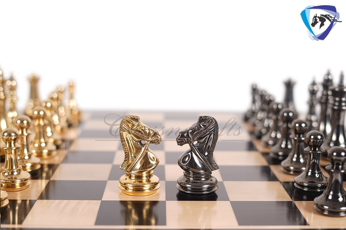 4" Brass Staunton chess pieces set BRIDLED Knight Gold & Black + 19" Ebonywood chess Board(sq:51mm)
