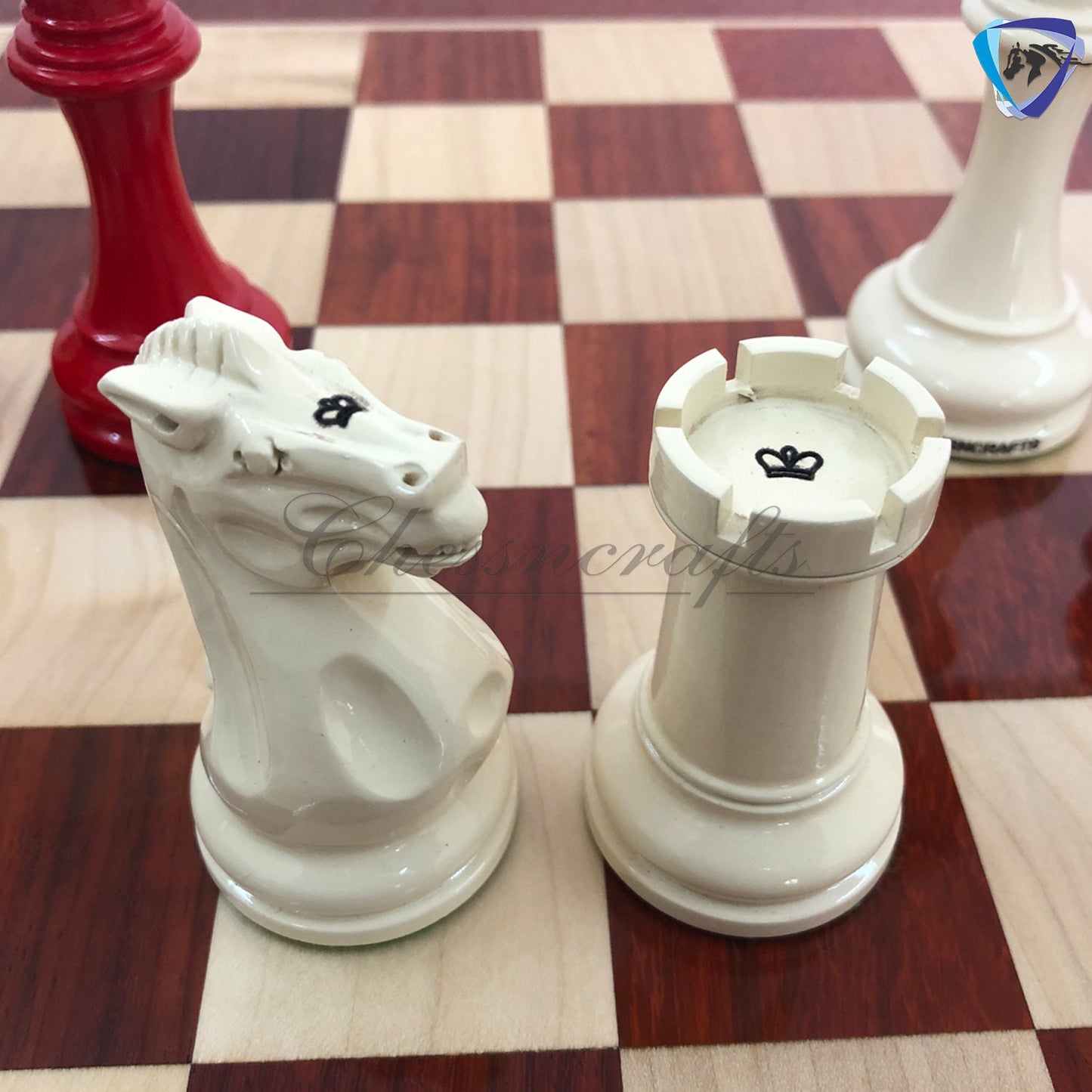 combo of 1849 Reproduced Staunton chess set 4.5" painted with Bud rosewood chess board 19" lacquered