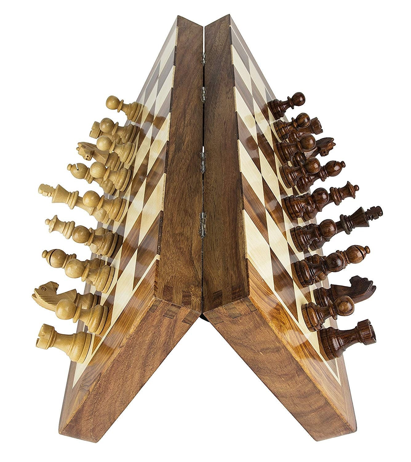 14" Folding Wooden Magnetic Travel chess board game set with staunton chess pieces Sheeshamwood
