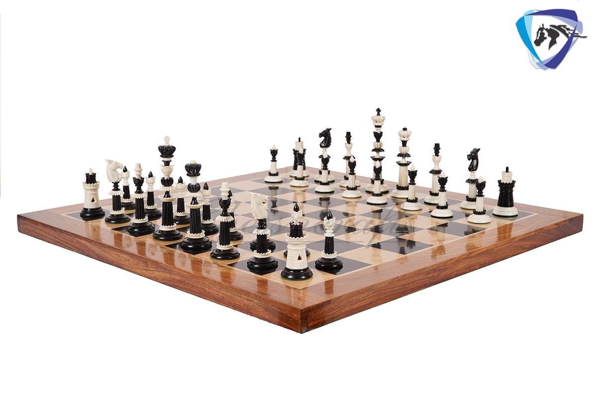 6" Camel bone chess pieces set Black & White Hand carved unique collector chess set- Intricate design with minute detailing.