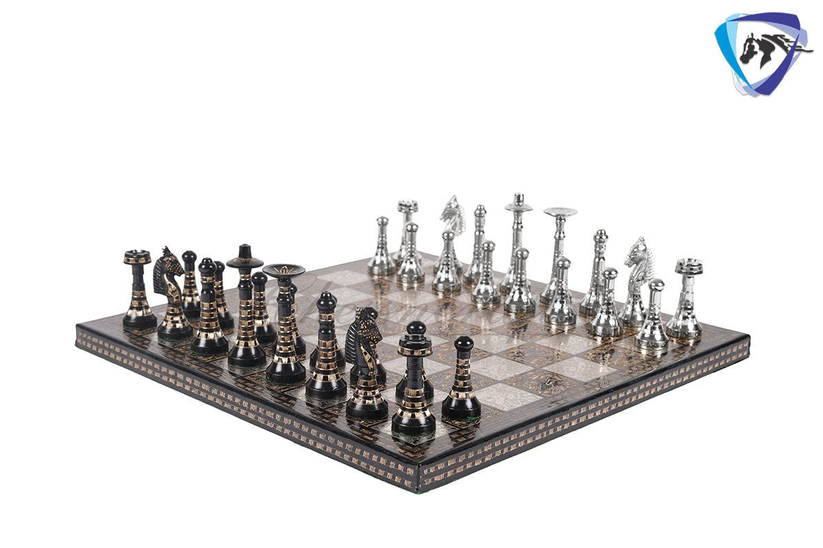 14" Solid Brass Metal Classic HUNGARIAN Hand carved Chess set- Slim chess men Carving with velvet storage box - Brass chess board set