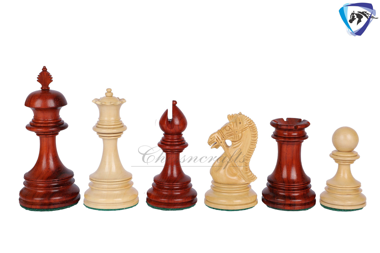 Wooden Staunton Chess Set-King: 4.5" Bud Rose wood -BRIDLED + 21" Bud Rose wood Chess board STEP BORDER with Storage Box.