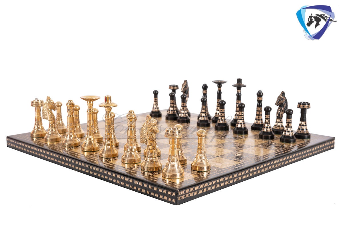 14" Solid Brass Metal Classic HUNGARIAN Hand carved Chess set- BLACK-GOLD Slim chess men Carving with velvet storage box Chess board set.