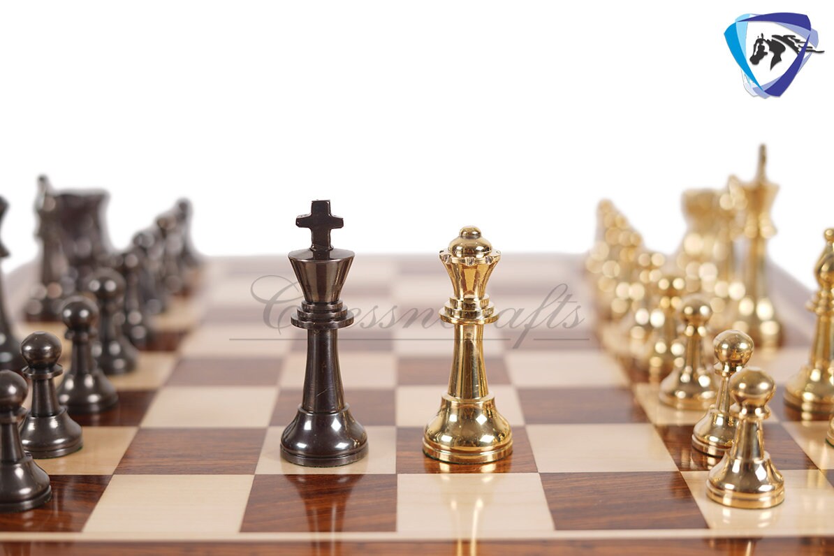 16" Brass Chess Board Set INTERNATIONAL Chess Pieces Black-gold and Rosewood Chess board with Storage drawer | Chess Gift /CHRISTMAS