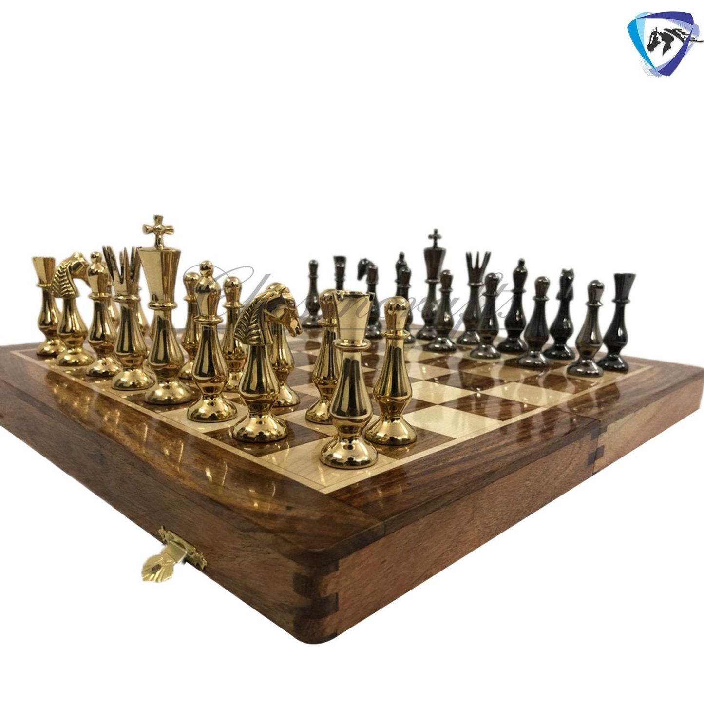 Brass Metal chess set with wooden chess board folding with storage- King 3.5" classical design gold & black glossy pieces.