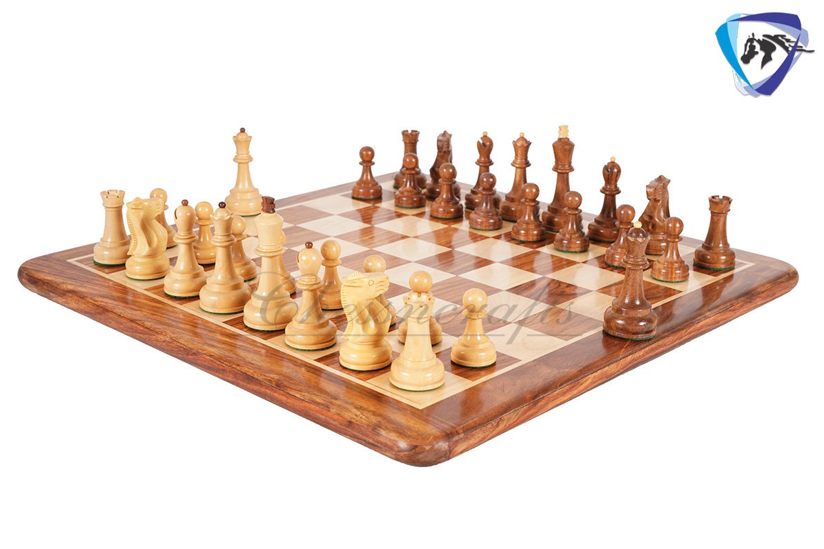 COMBO 3.75" Chess Pieces Set Soviet Grandmaster Supreme Golden Rosewood & Boxwood + 19"(51mm) Golden Rosewood Chess Board - Chess Board Set