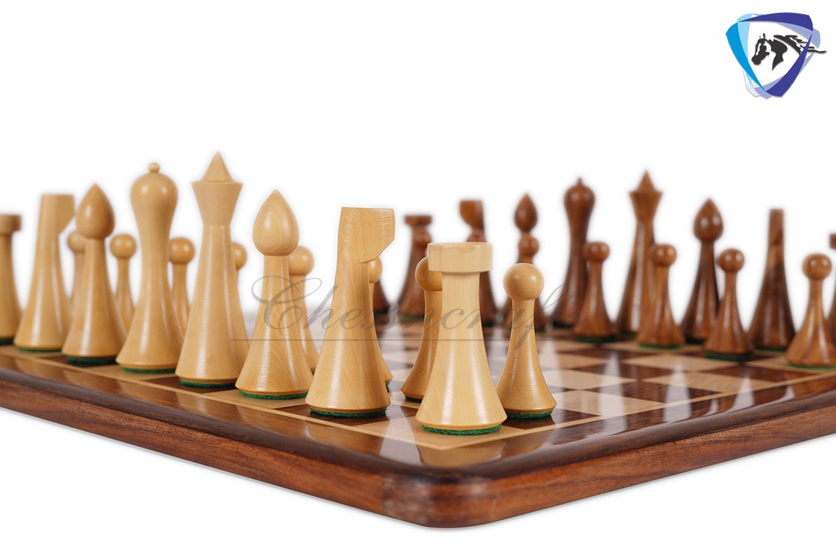 COMBO of Herman Ohme chess set w/ 16" Rosewood chess board - Minimalist Mid Century Chess coins King 3.75" Weighted Extra Queens.