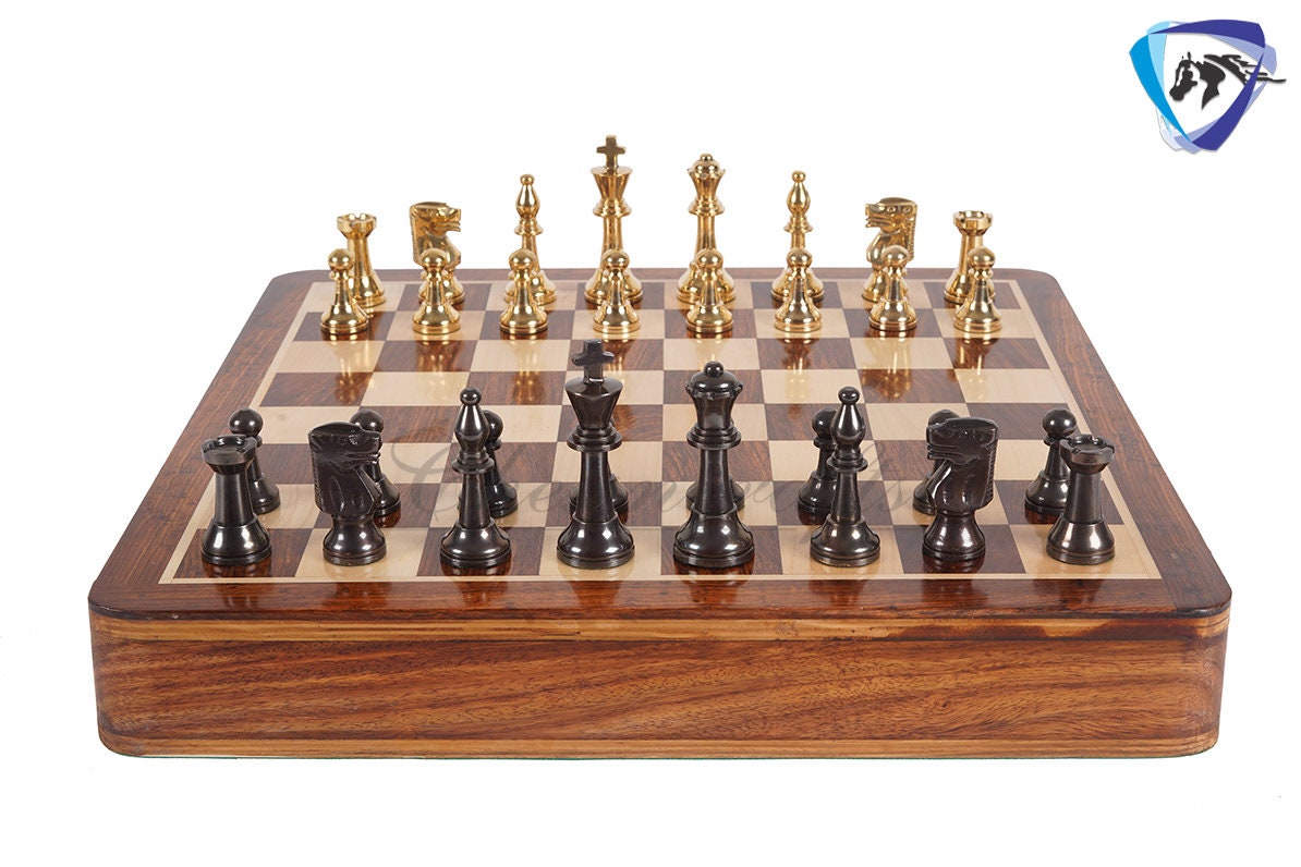 16" Brass Chess Board Set INTERNATIONAL Chess Pieces Black-gold and Rosewood Chess board with Storage drawer | Chess Gift /CHRISTMAS
