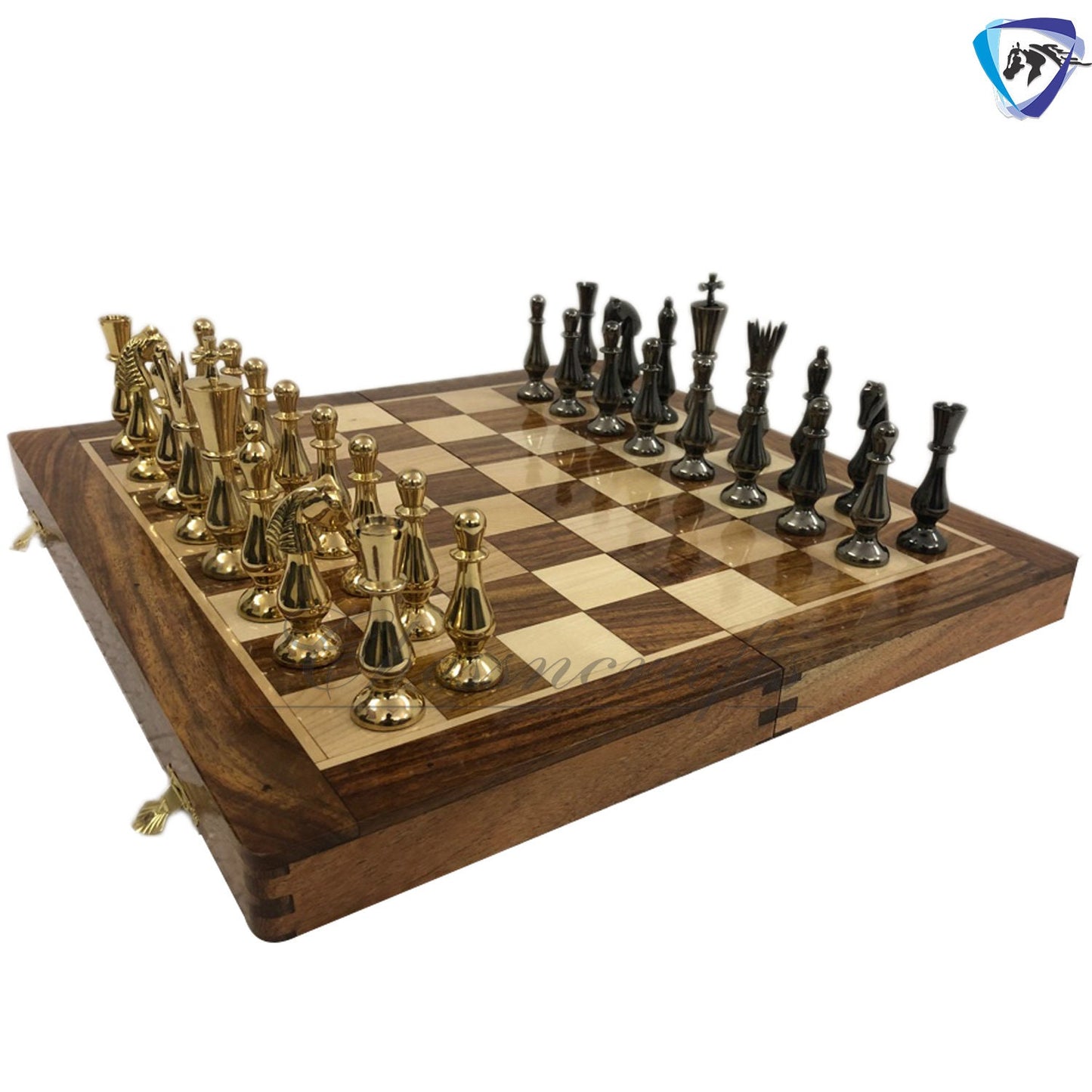 Brass Metal chess set with wooden chess board folding with storage- King 3.5" classical design gold & black glossy pieces.