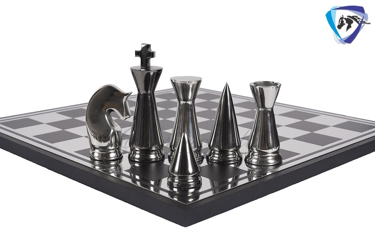 Luxury metal chess Board set Black-silver polish- chess Gift-Chess set for Home Decor - 14" Chess board set with Leatherette storage box