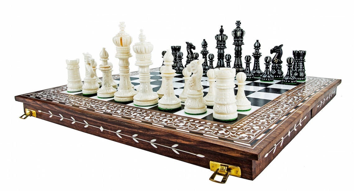 Combo of 16" INLAY ART WORK Wooden folding chess board and 4" Camel Bone Chess pieces Set Black & White