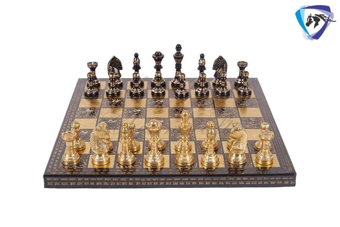 14" & 12" Brass Metal Chess Board Game Set Hand Carved With Brass chess pieces - Chess Board Set With Box-Velvet(Gold - Black)