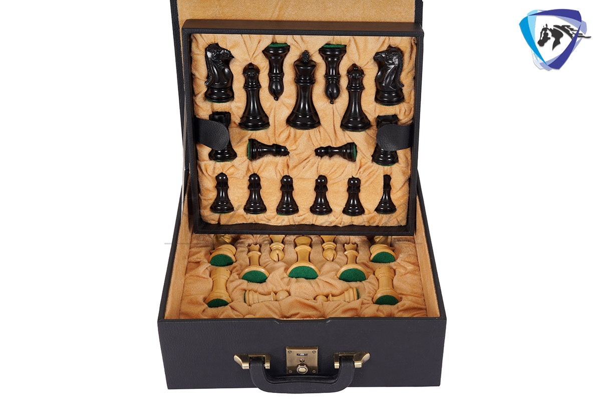 4" Staunton Ebonywood Chess pieces Set-Fierce Knight-Weighted-2 Extra queens- 19" Ebony wood Chess Board + Leather Storage Box COMBO