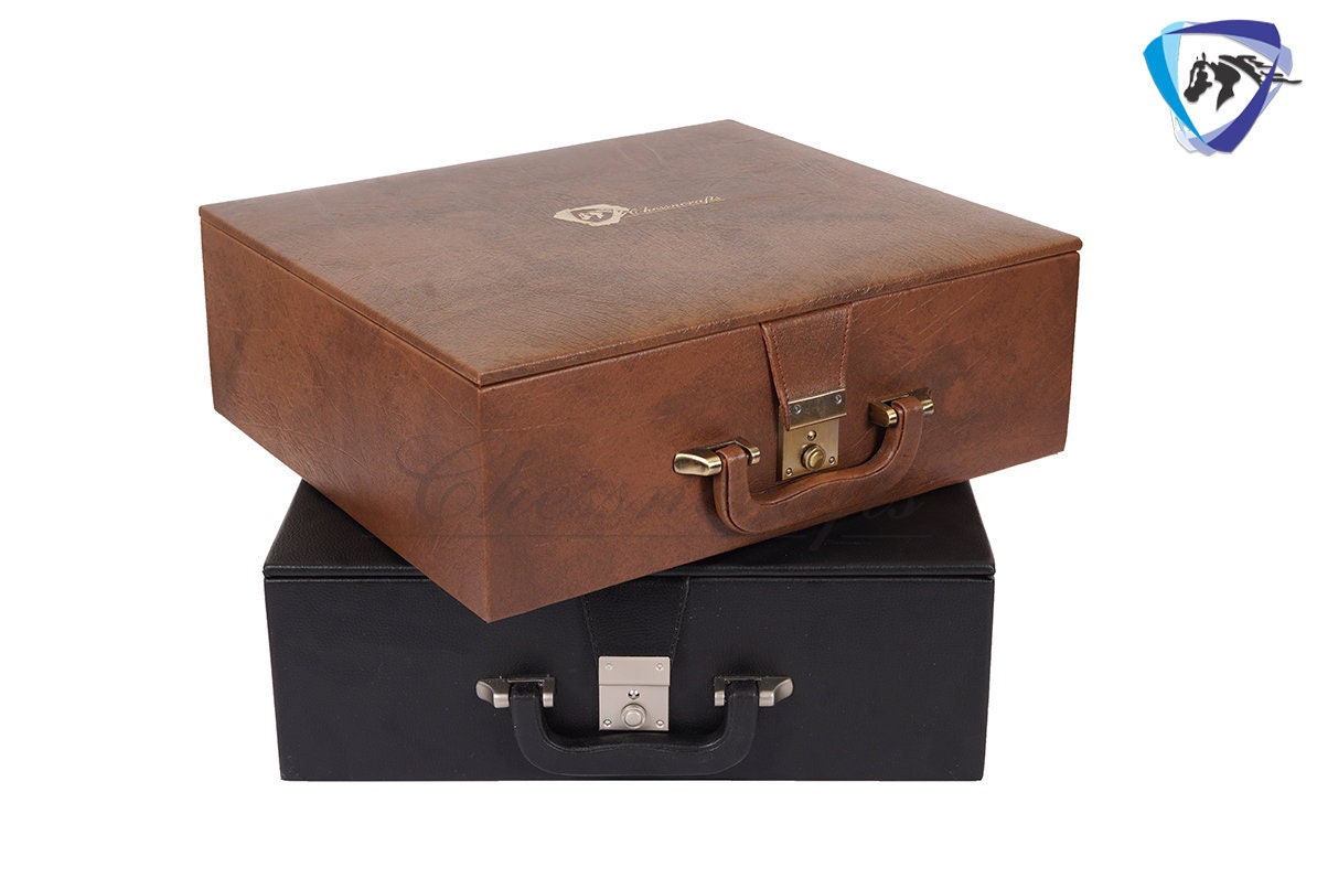 TAN BROWN Leatherette Coffer Storage box for Chess Pieces of king Height: 4.0" to 4.5"- 2 Trays, Velvet lining & Lock w/ handle.