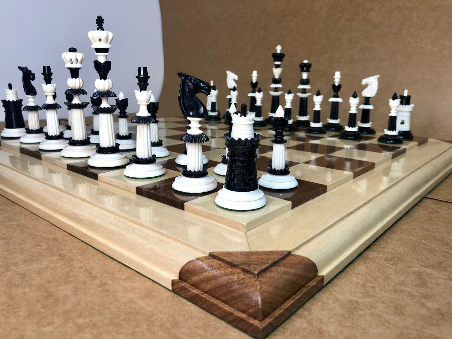 COMBO 6" Camel bone chess set hand carved unique collector vintage chess pieces- LUXURY FLOWER Chess Pieces Set + 21" Maplewood Chess Board.