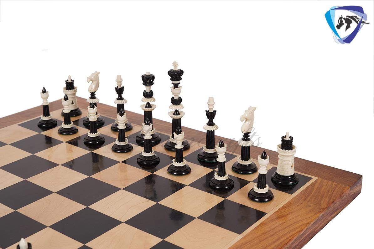 6" Camel bone chess pieces set Black & White Hand carved unique collector chess set- Intricate design with minute detailing.