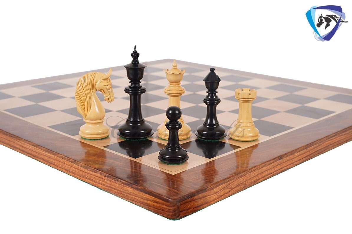 4.5" Staunton Ebonywood Chess Pieces Set "BLACKBURNE" Joseph Henry Triple Weighted 2 Extra queens + 21" Ebonywood Chess Board + Storage Box