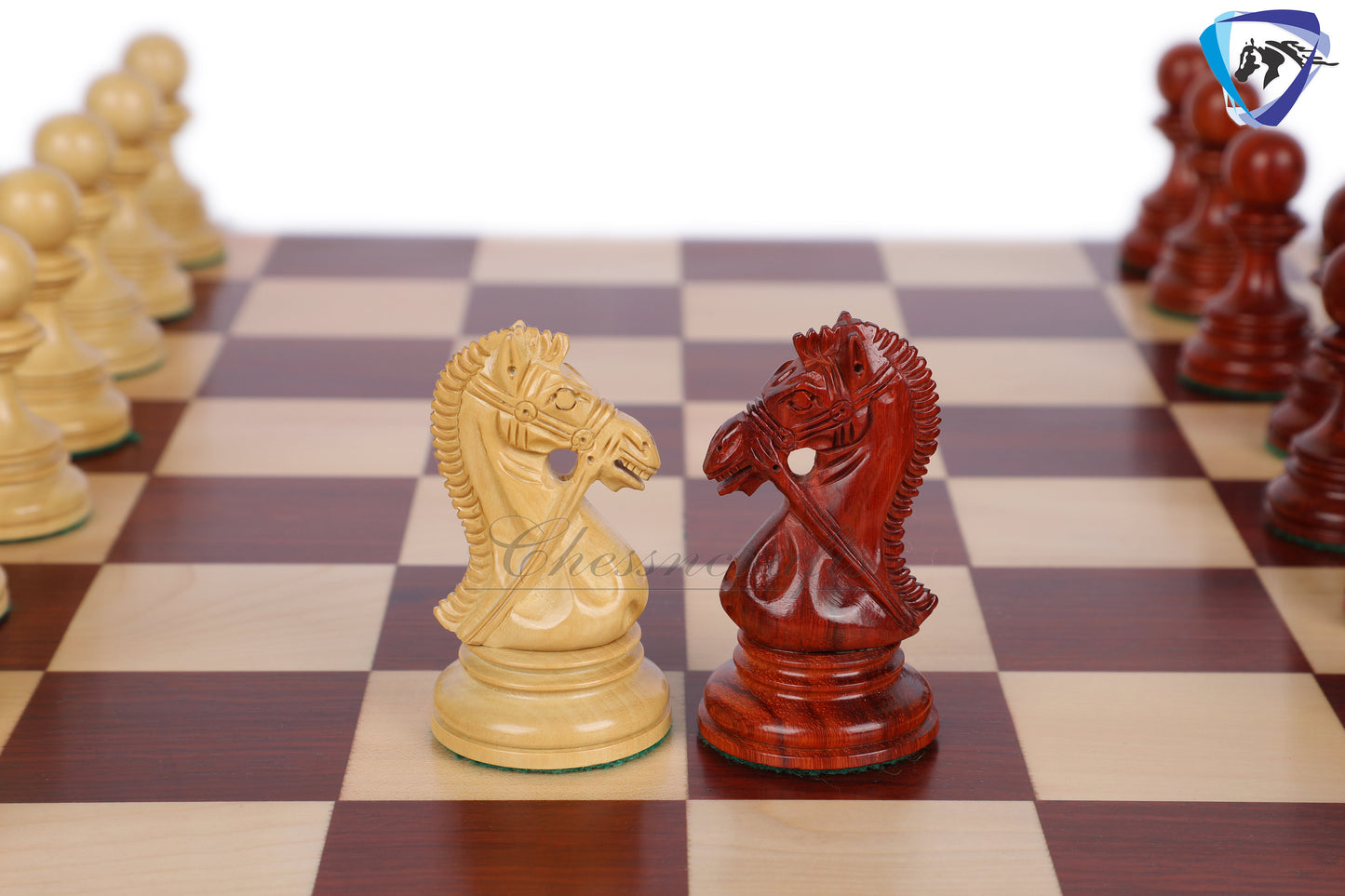 Wooden Staunton Chess Set-King: 4.5" Bud Rose wood -BRIDLED + 21" Bud Rose wood Chess board STEP BORDER with Storage Box.