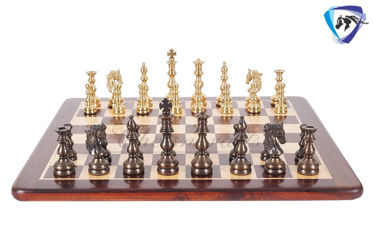 5" Brass Metal Chess Set Designer Spartan Collection - Gold & Antique Polish Brass Chess Pieces + 23" Rosewood(dark grain) Chess Board Combo