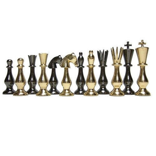 Brass Metal chess set with wooden chess board folding with storage- King 3.5" classical design gold & black glossy pieces.