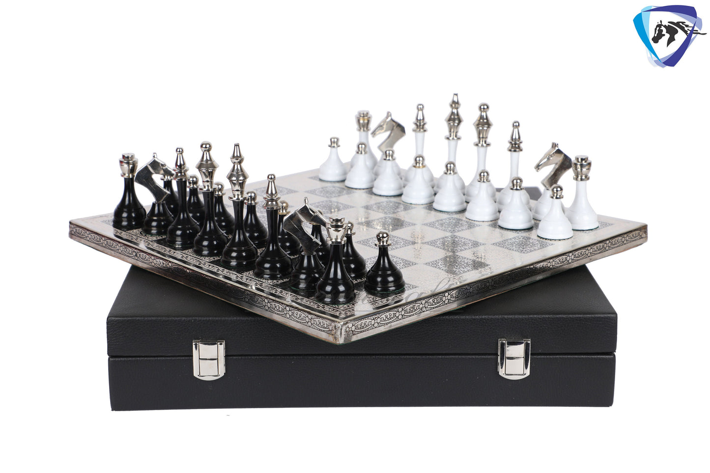 14" Brass Chess Board set- Modern Classic Hand carved- Soviet BLACK & WHITE EDITION chess pieces in velvet storage box - Chess Gift for Him