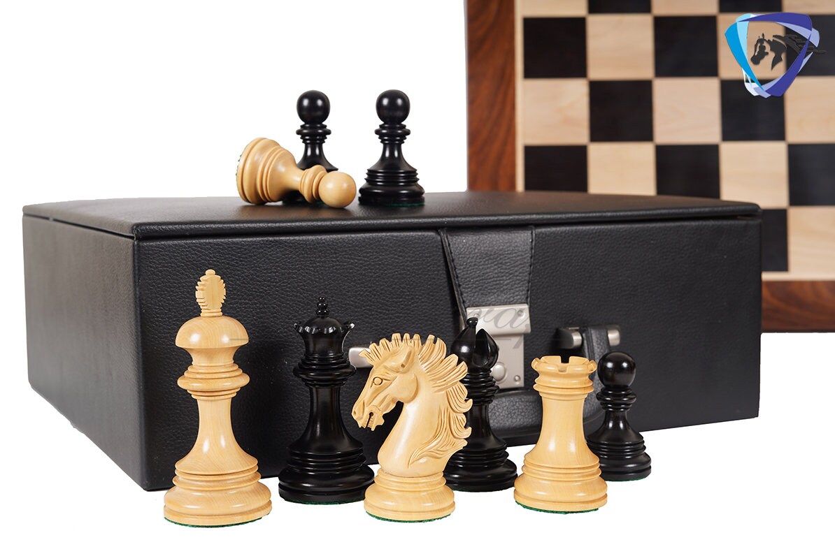 4.5" Luxury Staunton Ebonywood Chess Pieces Set-WELLINGTON + 21" Ebonywood Chess board(SQ:55mm) + Leatherette Storage box for chess pieces