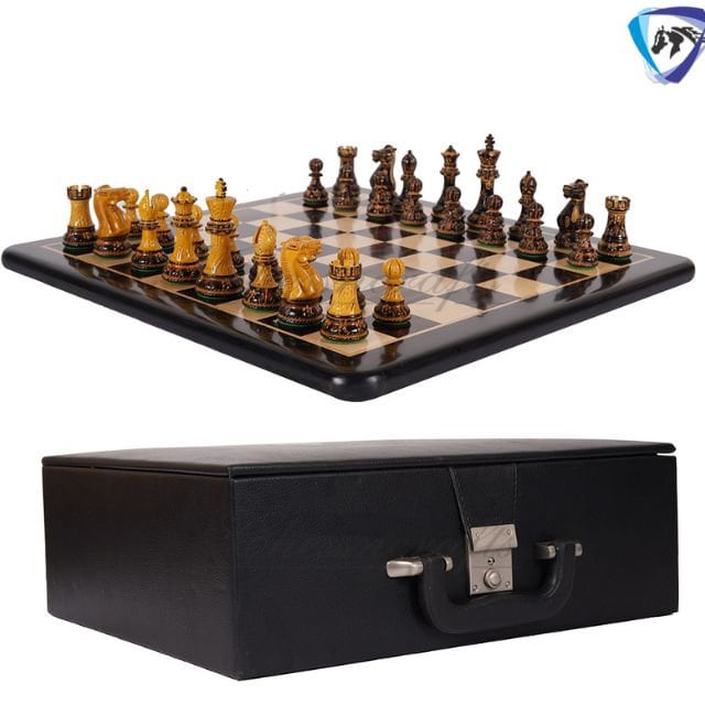 Wooden Staunton Chess set Burnt with Hand Carving King 4" broad base, Weighted & 2 extra Queens