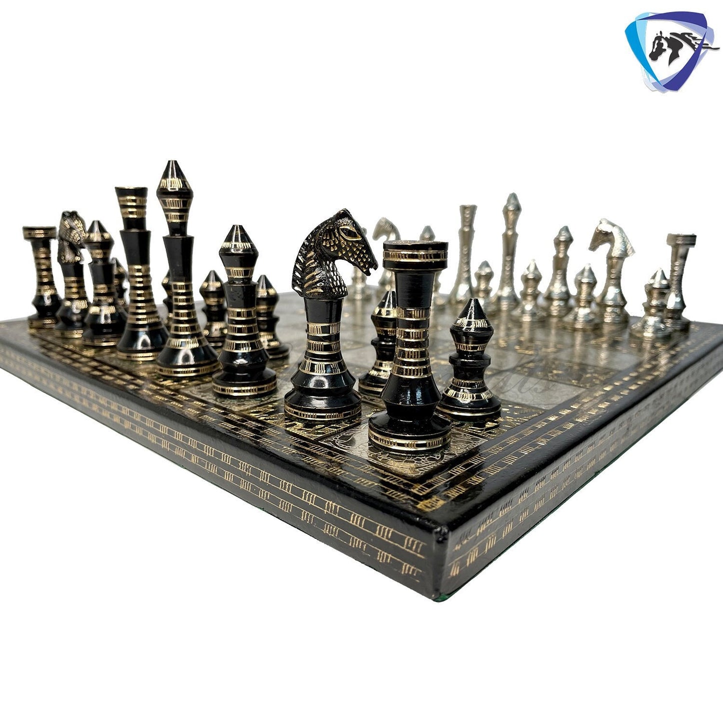 14" Solid Brass Metal Classic CONTEMPORARY Hand carved Chess set- Slim chess men Carving with velvet storage box - Brass chess board set