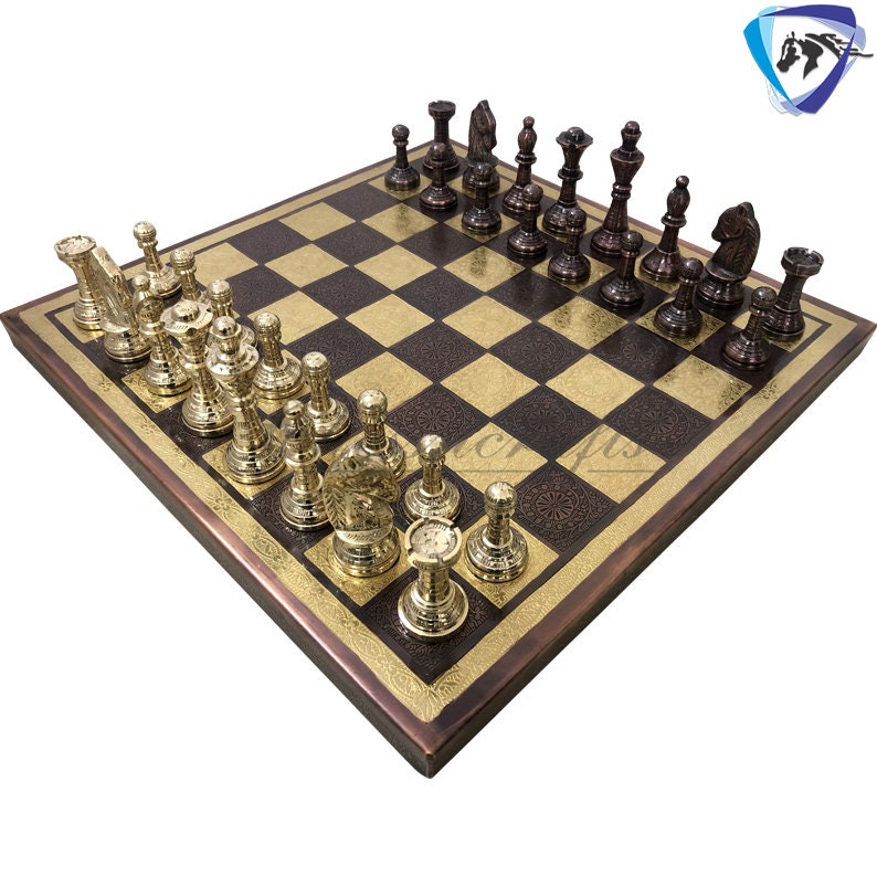 Solid Brass carving classic Chess set- 100% brass Slim chess men hand carved with velvet storage box