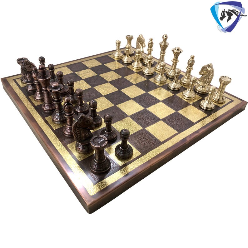 14" Brass Chess Board Set Hand Carved with Brass Staunton chess pieces with storage box | Chess Gift | Other size options: 12" & 10"