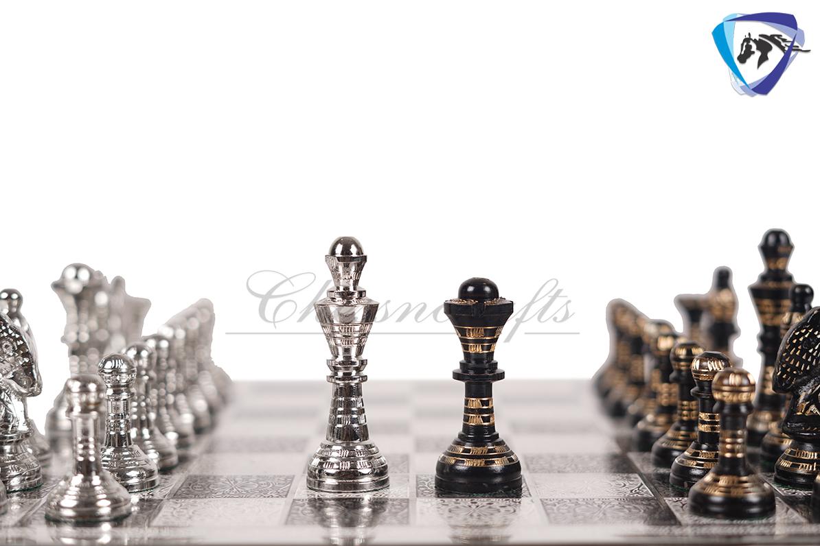 12" Brass Chess Board set- & Staunton Hand carved chess men with hand carved chess board in velvet storage box