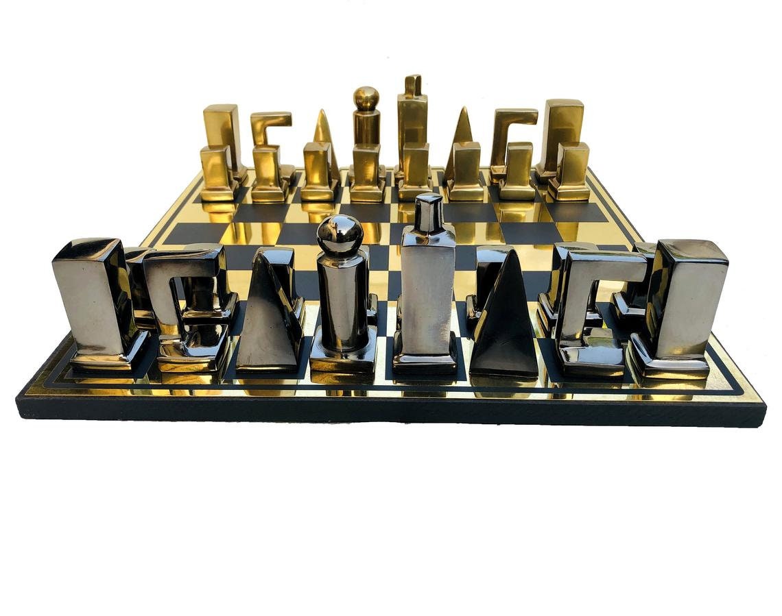 14" Metal chess Board Set- BAUHAUS INSPIRED Unique design-Black & Silver/Gold Metal Chess pieces-Chess gift- Luxury Metal chess Set