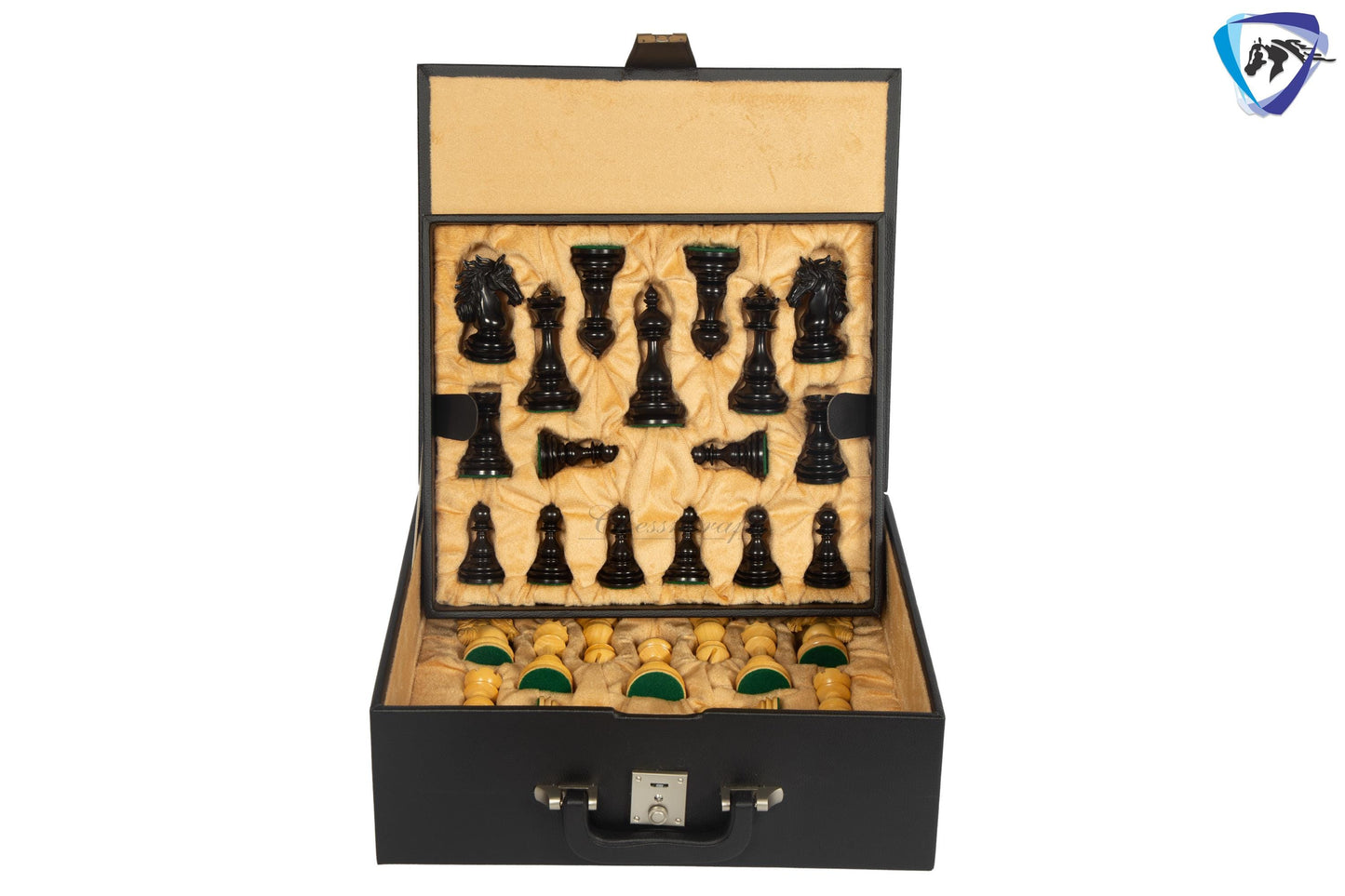 4.5" Staunton Ebony wood Chess pieces Set- WILD STALLION + 21" Ebony wood Chess Board STEPS border + Leatherette storage Box.
