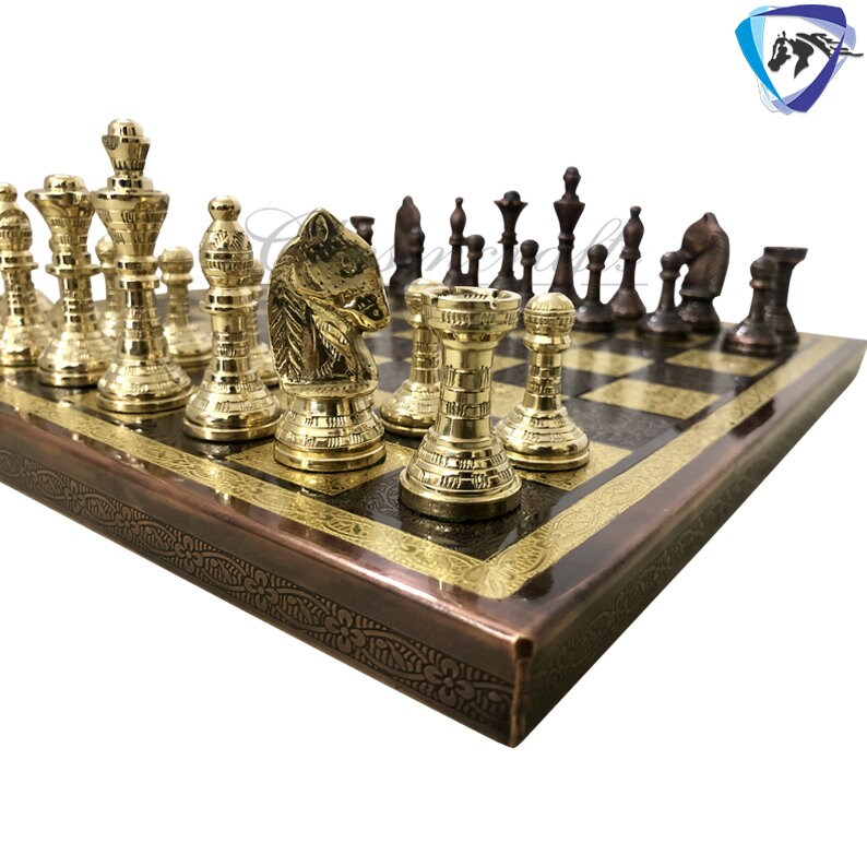 Solid Brass carving classic Chess set- 100% brass Slim chess men hand carved with velvet storage box