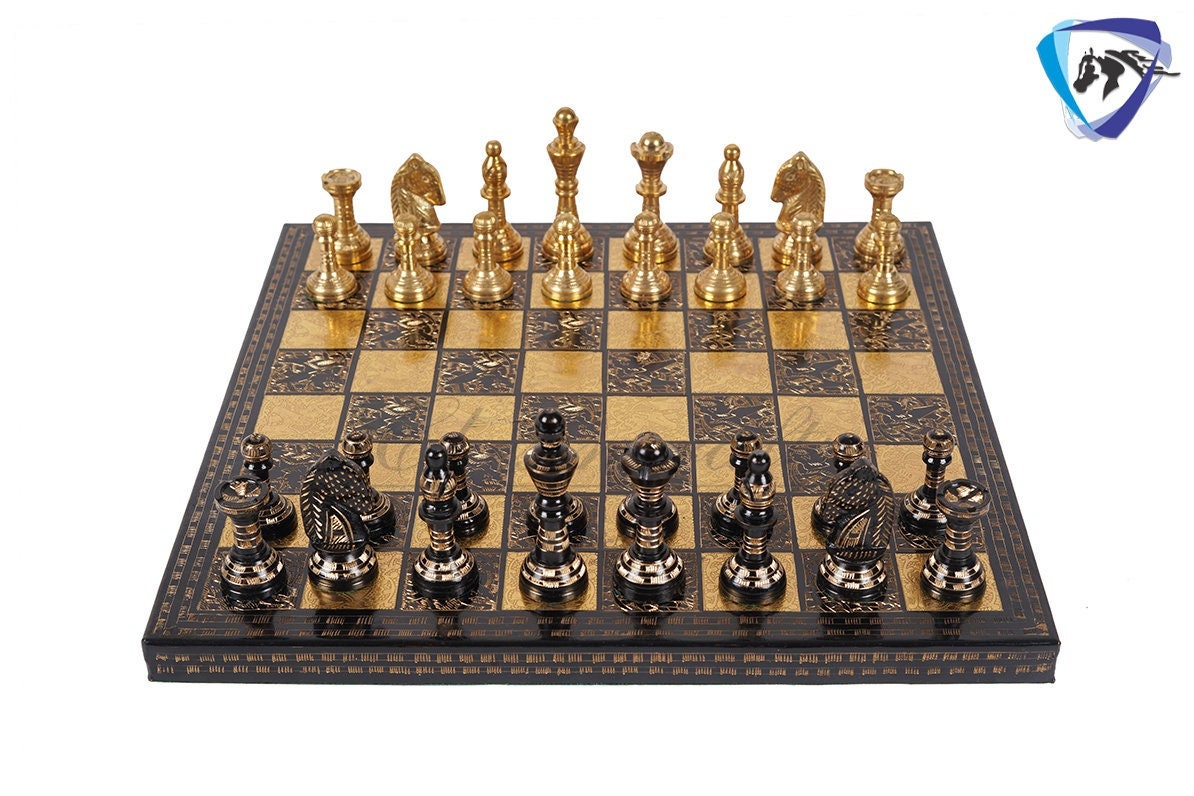14" & 12" Brass Metal Chess Board Game Set Hand Carved With Brass chess pieces - Chess Board Set With Box-Velvet(Gold - Black)