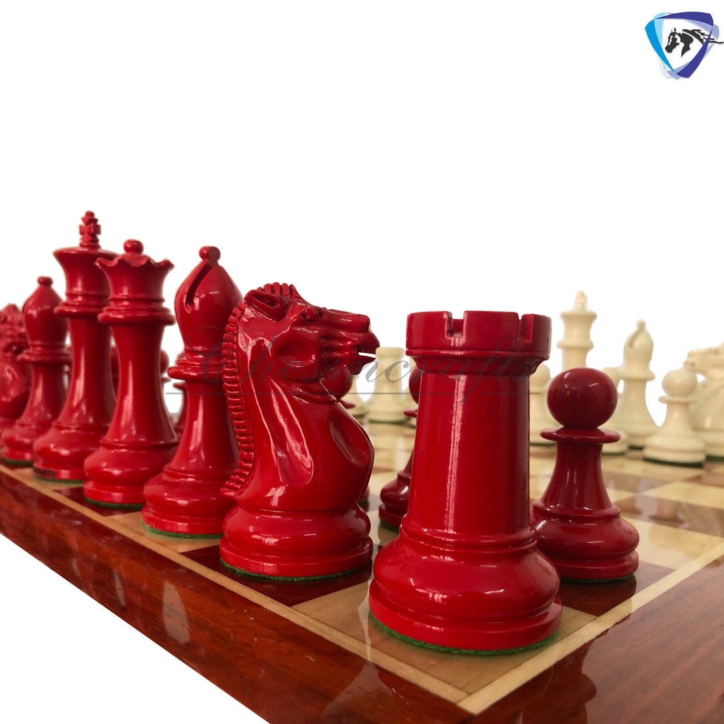 combo of 1849 Reproduced Staunton chess set 4.5" painted with Bud rosewood chess board 19" lacquered