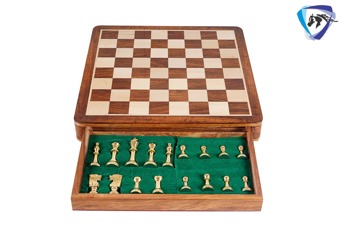 16" Brass Chess Board Set INTERNATIONAL Chess Pieces Black-gold and Rosewood Chess board with Storage drawer | Chess Gift /CHRISTMAS