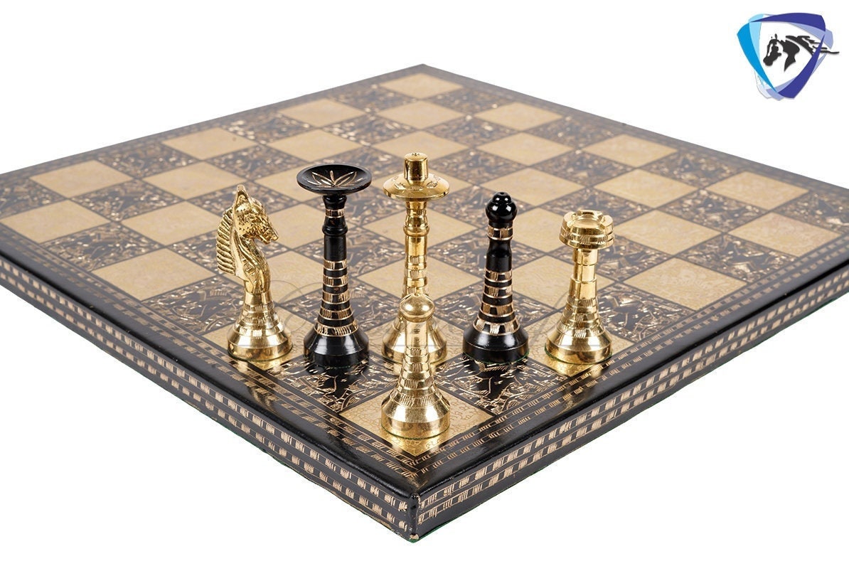14" Solid Brass Metal Classic HUNGARIAN Hand carved Chess set- BLACK-GOLD Slim chess men Carving with velvet storage box Chess board set.
