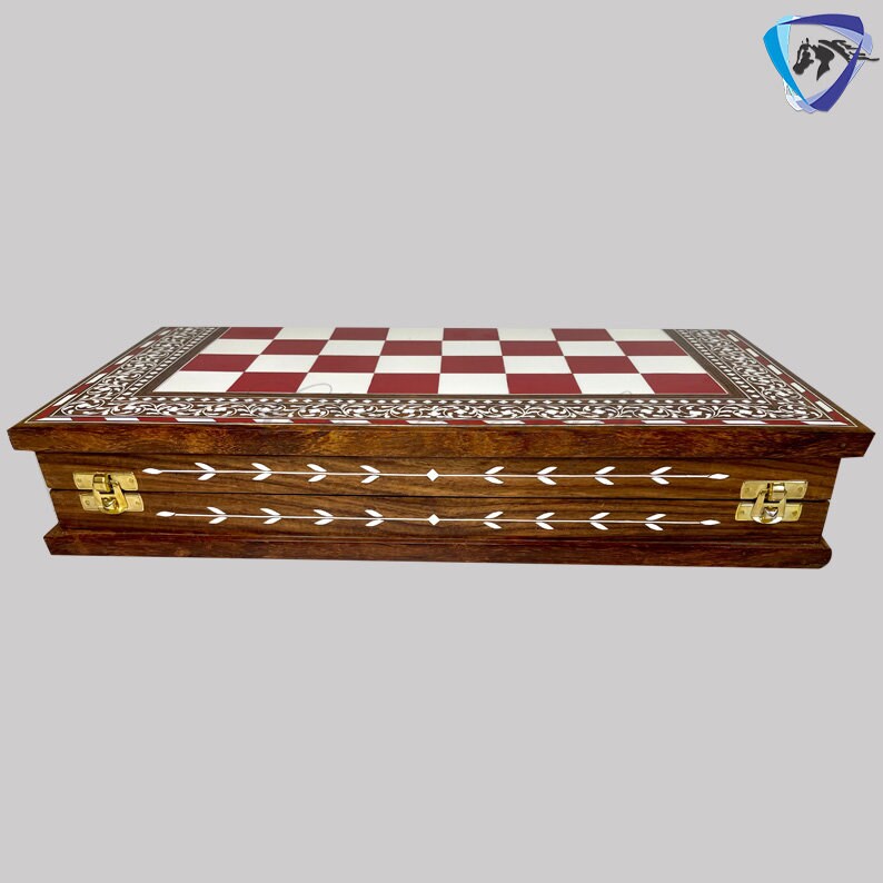 Combo of 16" INLAY ART WORK Wooden folding chess board and 4" Camel Bone Chess pieces Set Red & White