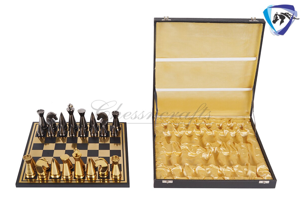 14" ART DECO Metal Chess Board Set designer King 4" Chess pieces with Chess board Modern Home Decor, Chess Gift-Leather Box