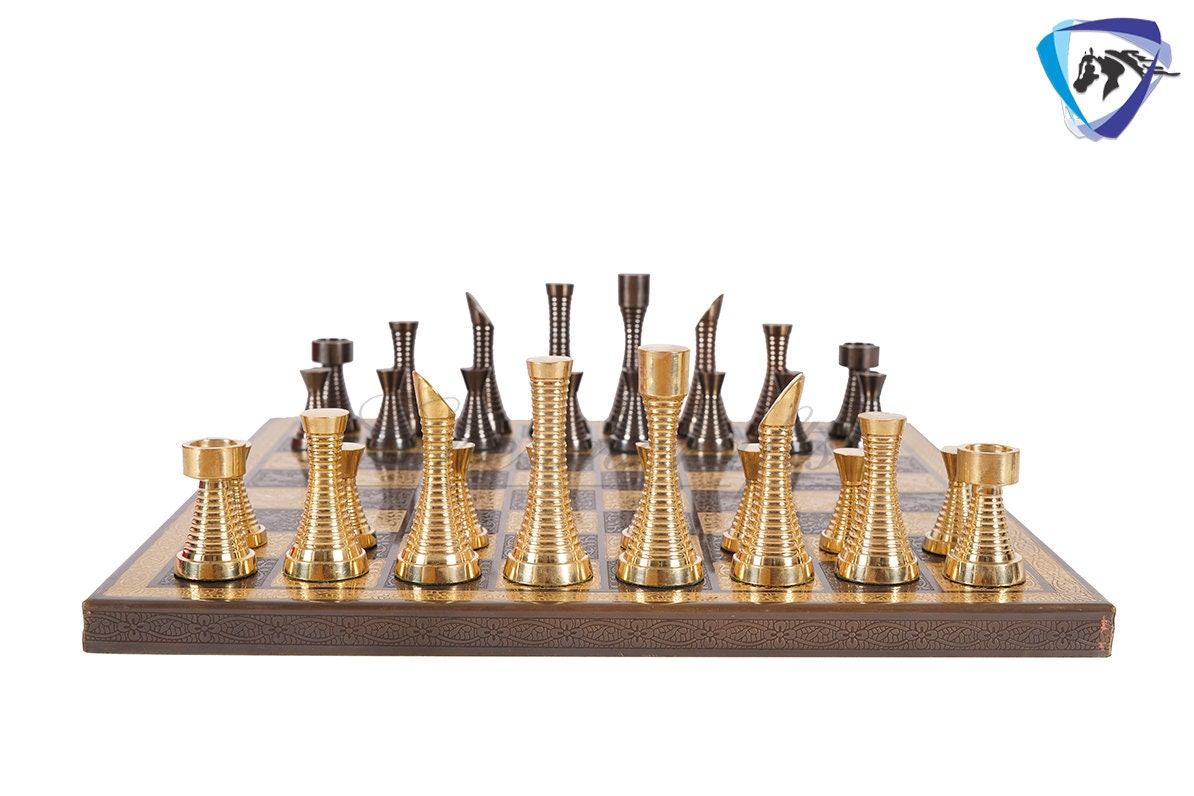 14" Solid Brass Metal Chess set- Slim Rings chess men Carved with velvet storage box - Vintage Collector antique set- Brass Chess board set.