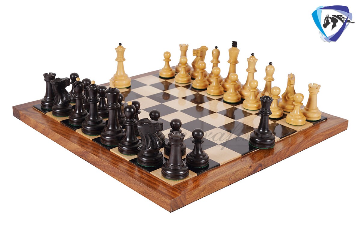 COMBO 3.75" Chess Pieces Set Soviet Grandmaster Supreme Ebonised Boxwood + 16"(SQ:45mm) Ebonywood Chess Board - Chess Board Set