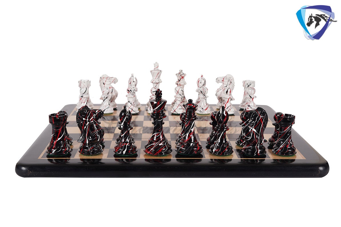 4.1" Wooden chess piece set - MODERN STREET ART Painted Staunton chess pieces Weighted-extra queens + 51mm Ebonywood Chess Board+Storage box