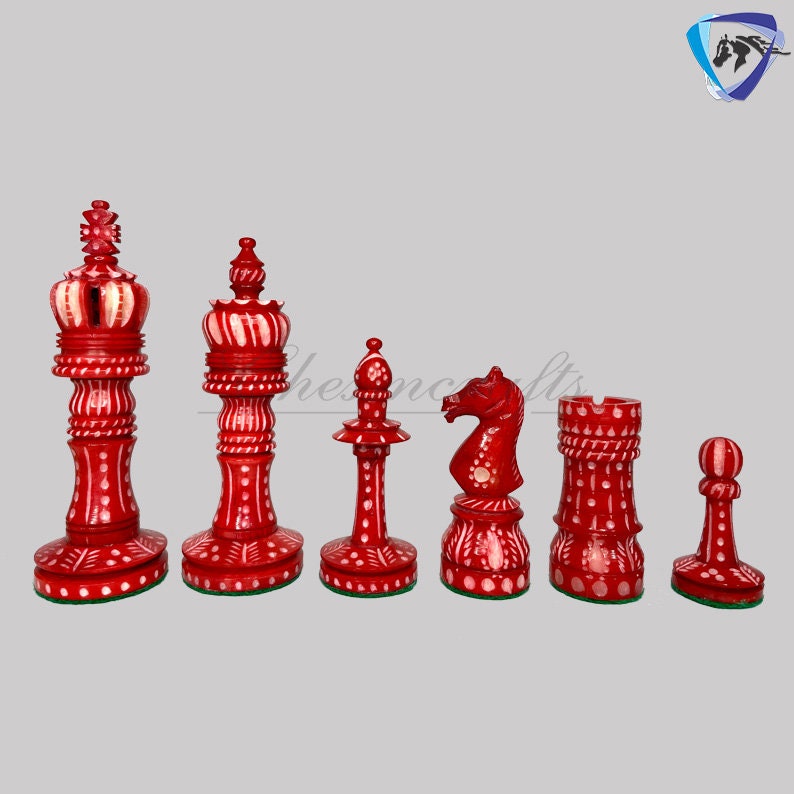 Combo of 16" INLAY ART WORK Wooden folding chess board and 4" Camel Bone Chess pieces Set Red & White